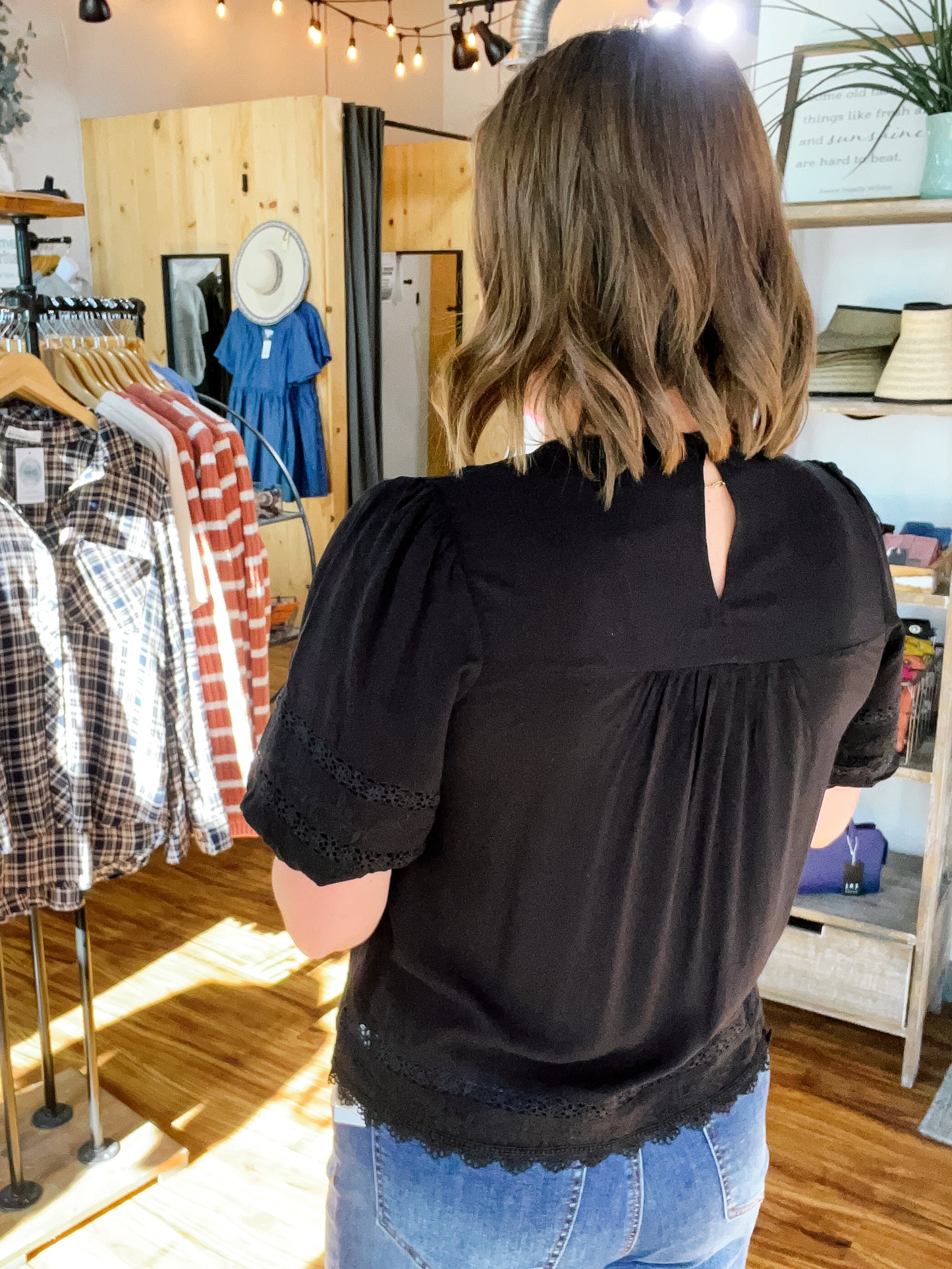 Black Puff Sleeve Lace Trim Top