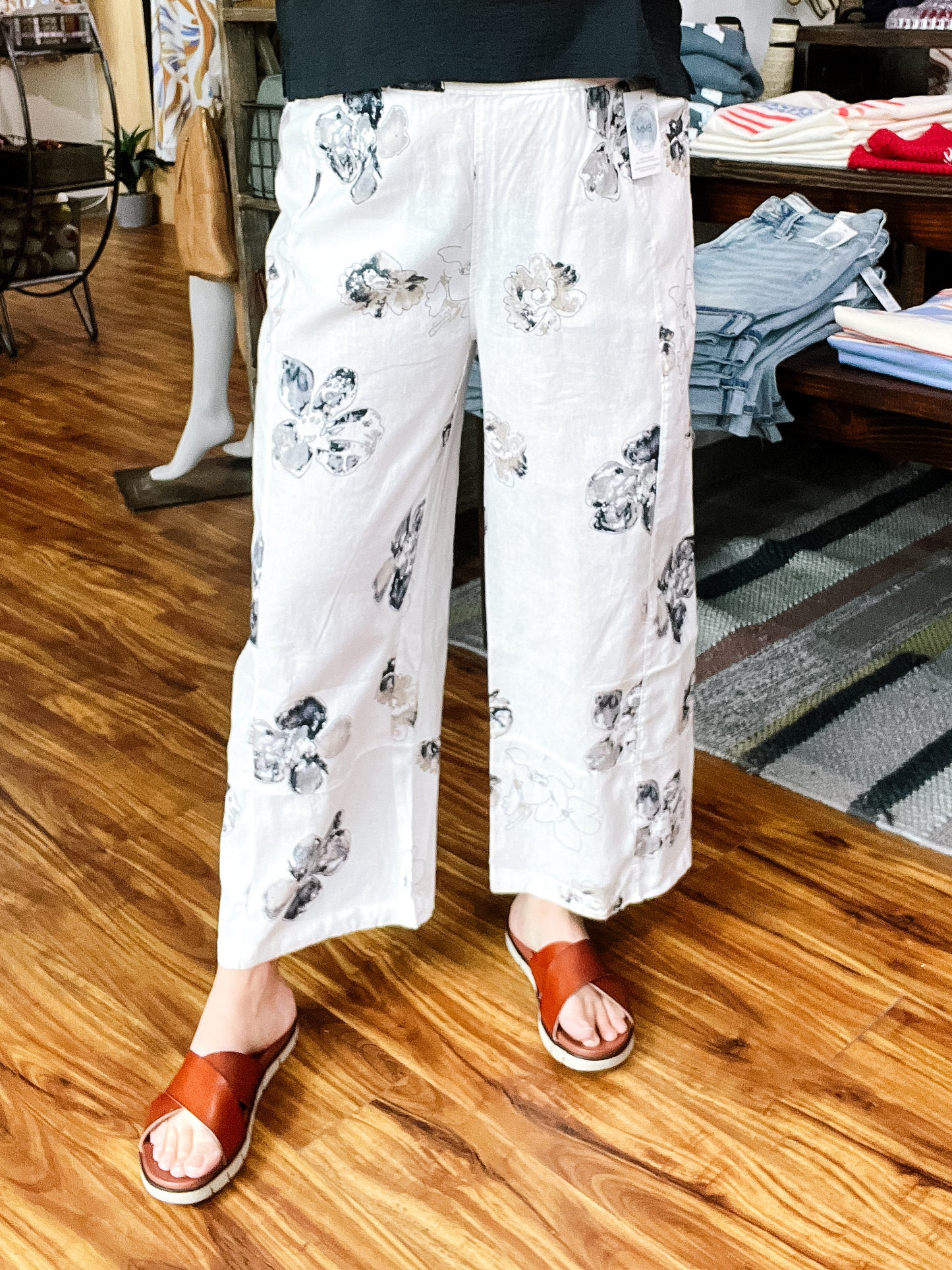 White Floral Linen Pant