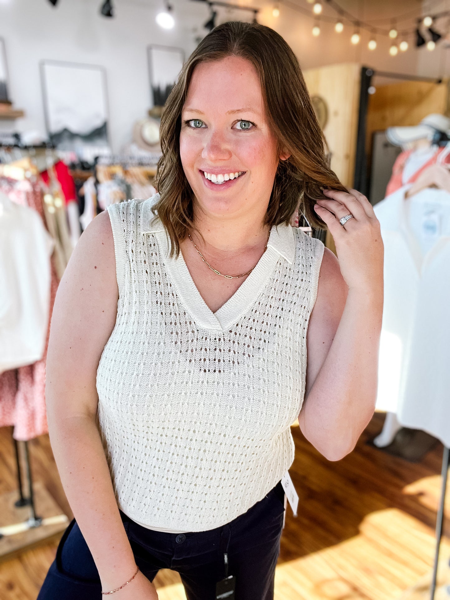 Cream Sleeveless Johnny Collar Top