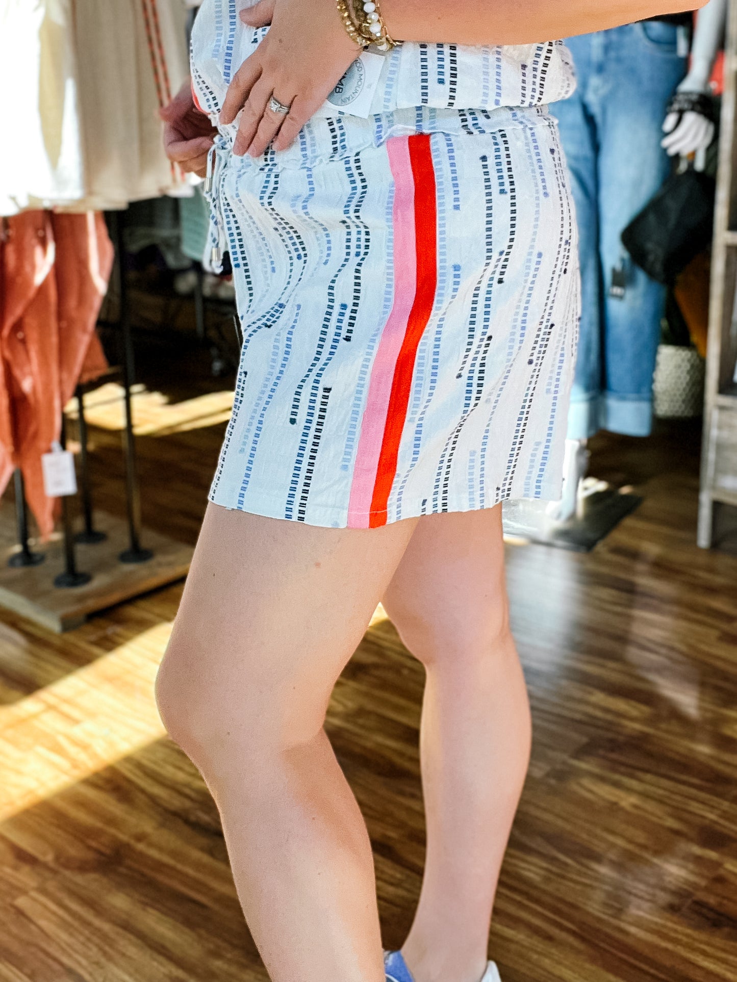 White W/ Blue Embroidery Detail Shorts