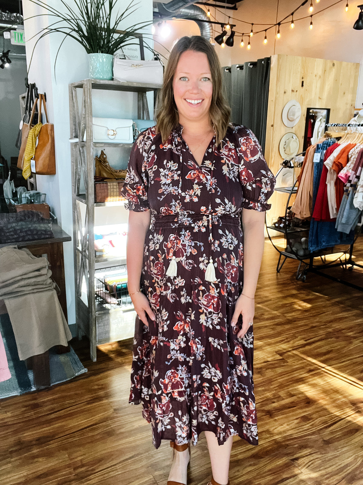 Burgundy Short Sleeve Floral Maxi Dress