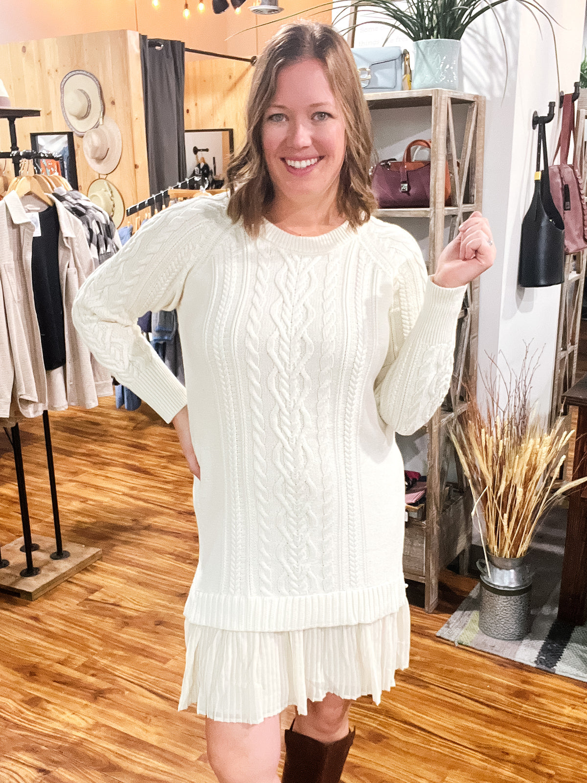Cream Cableknit Sweater Dress w/ Accordian Detail