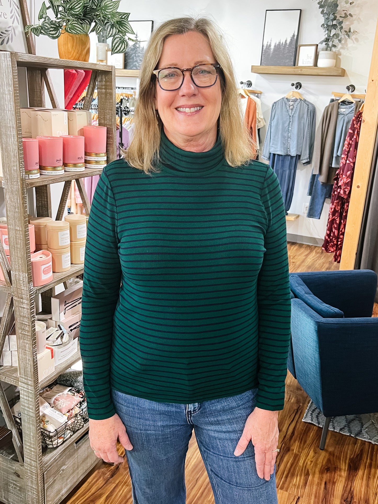Emerald W/ Navy Stripe Turtleneck Top
