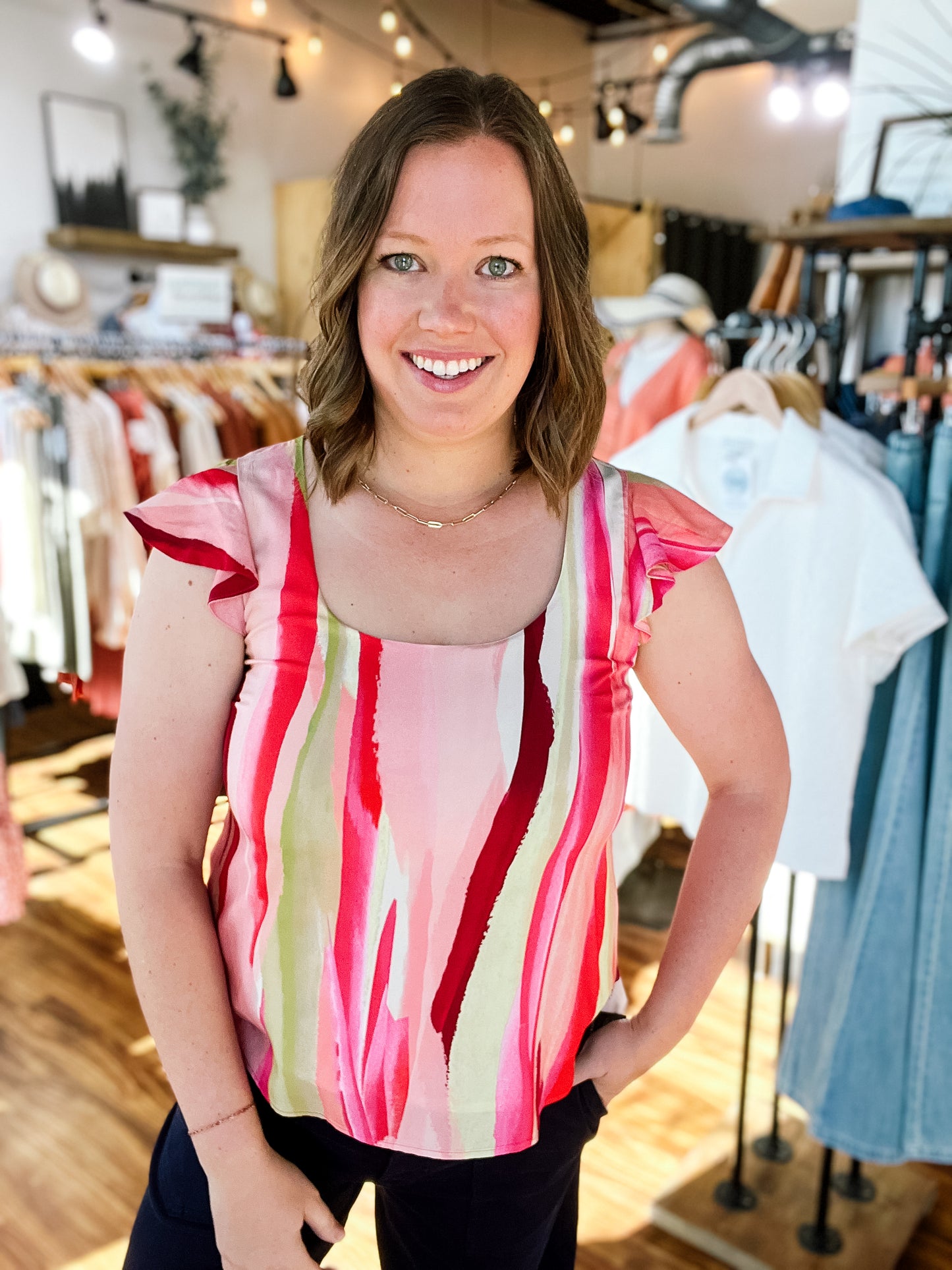Pink Multi Stripe Flutter Sleeve Top