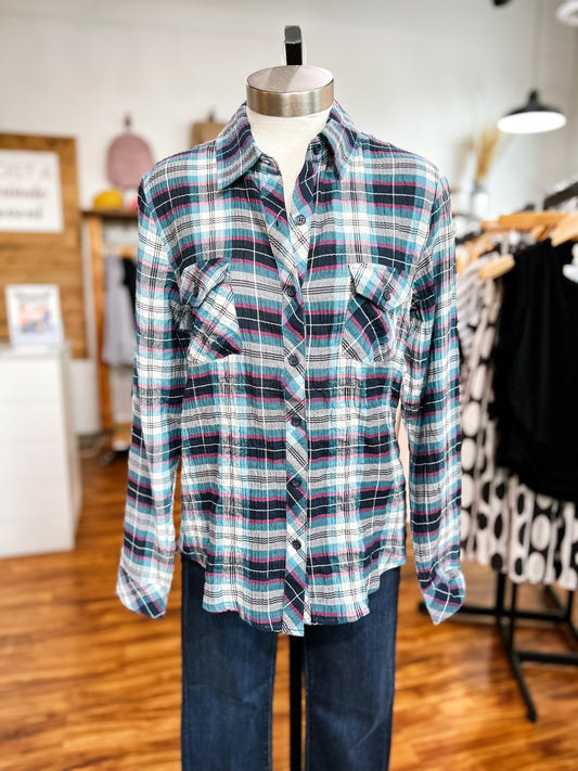 Teal Plaid Textured Top