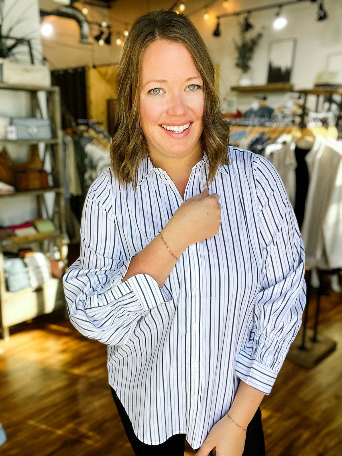 White & Blue Stripe Gather Sleeve Top