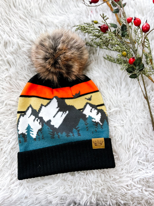 Black Mountain Scene Pom Beanie