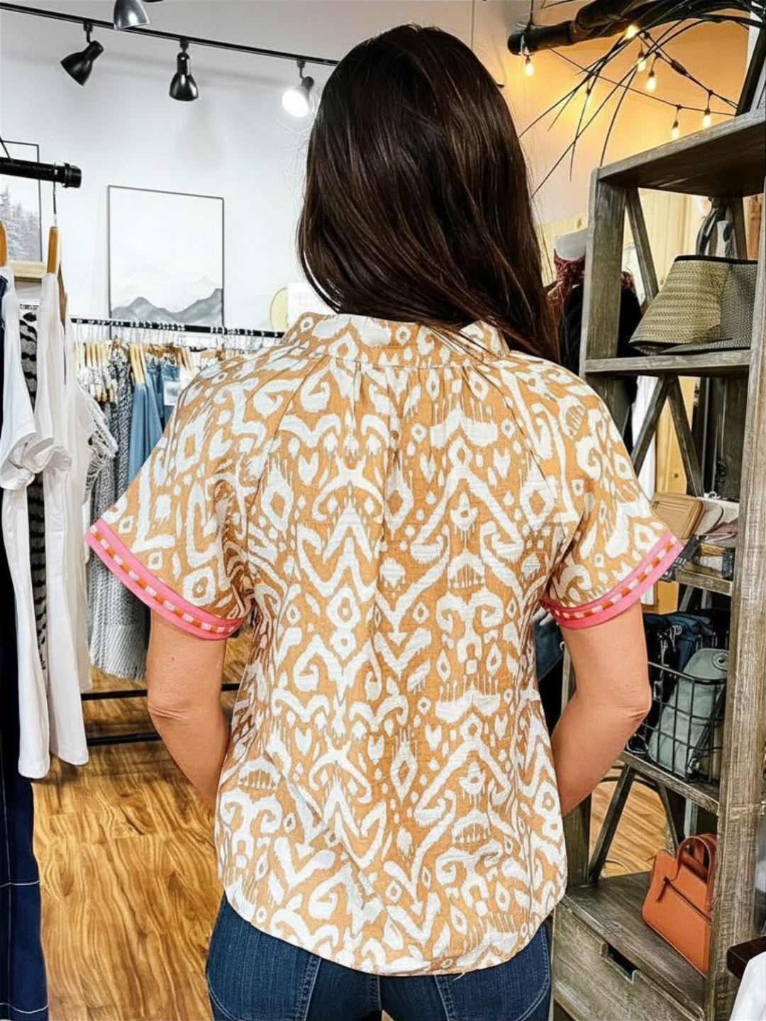 Cream Abstract W/Pink Embroidery Top