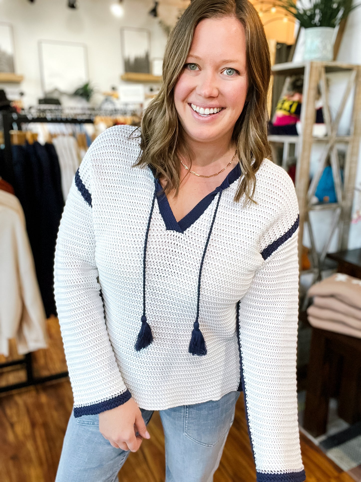 White W/Navy Notch Collar Sweater