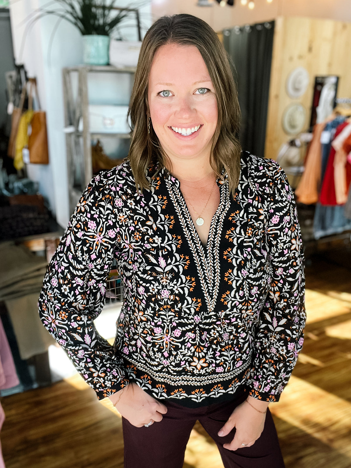 Black Floral Long Sleeve Blouse