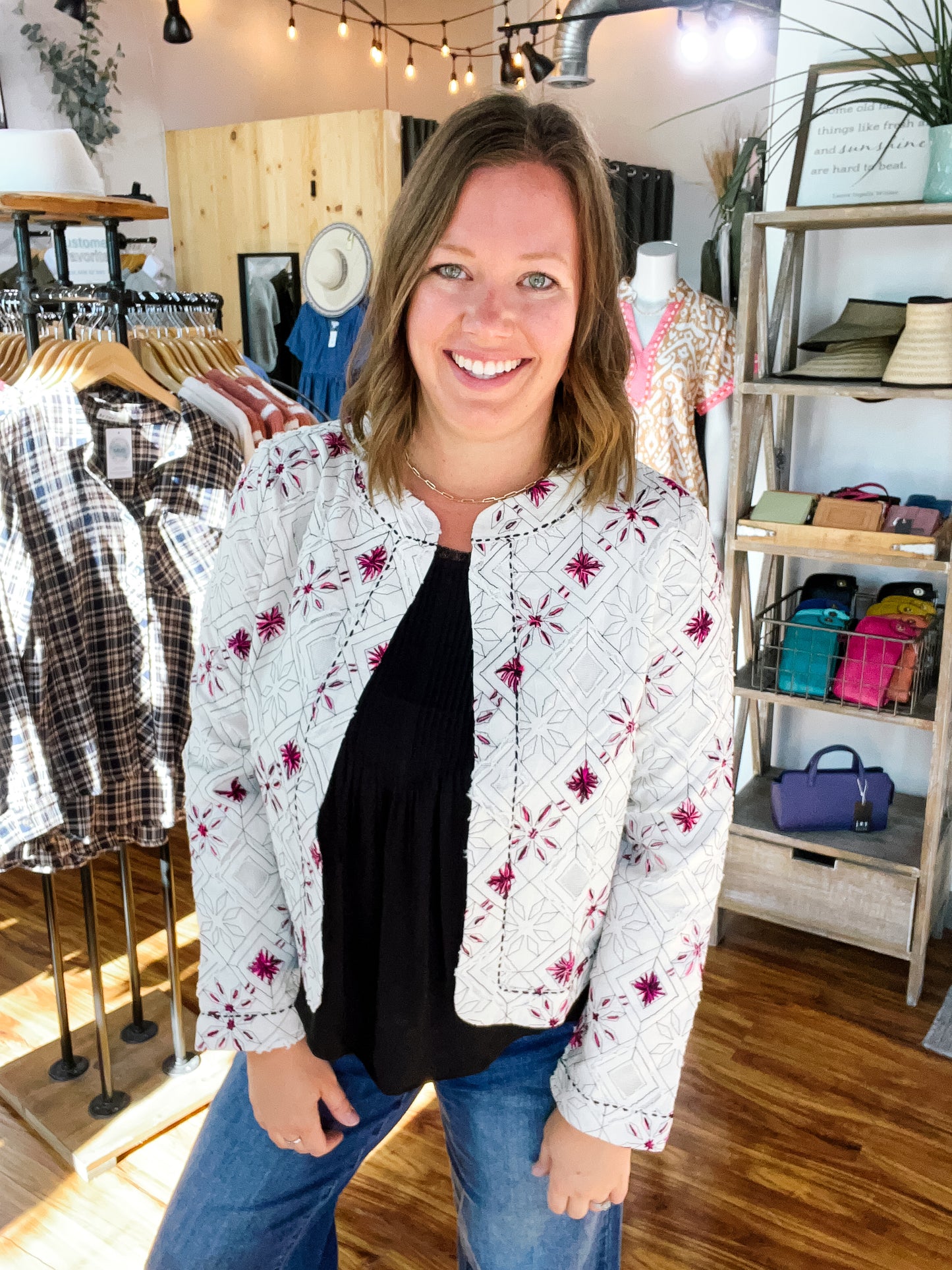 Cream W/ Fuchsia Floral Jacket