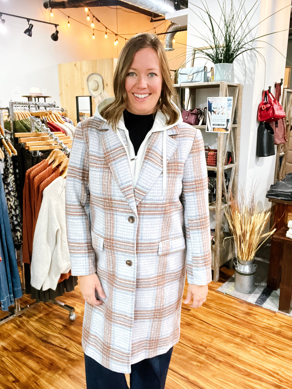 Plaid Car Coat w/ Removable Hood