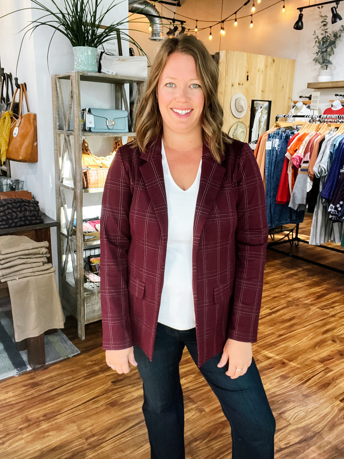 Burgundy Plaid Boyfriend Blazer
