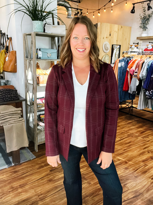 Burgundy Plaid Boyfriend Blazer