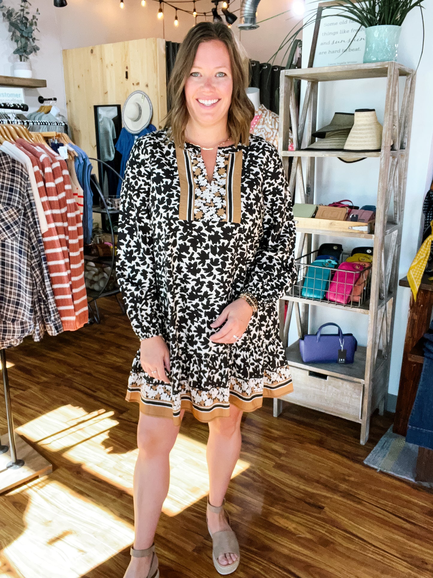 Black/Ivory Print Split Neck Dress