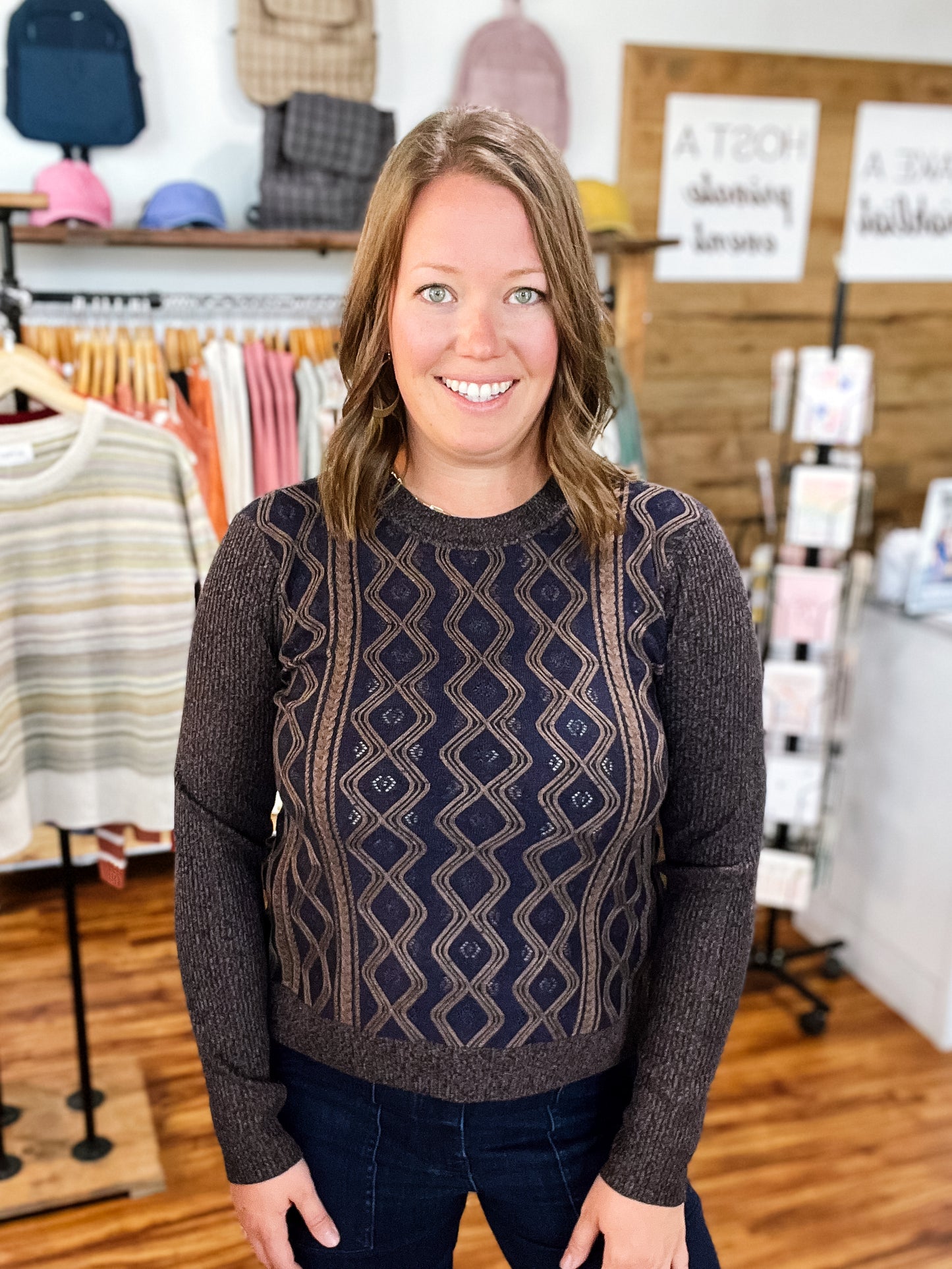 Navy W/Brown Chevron Stripe Sweater