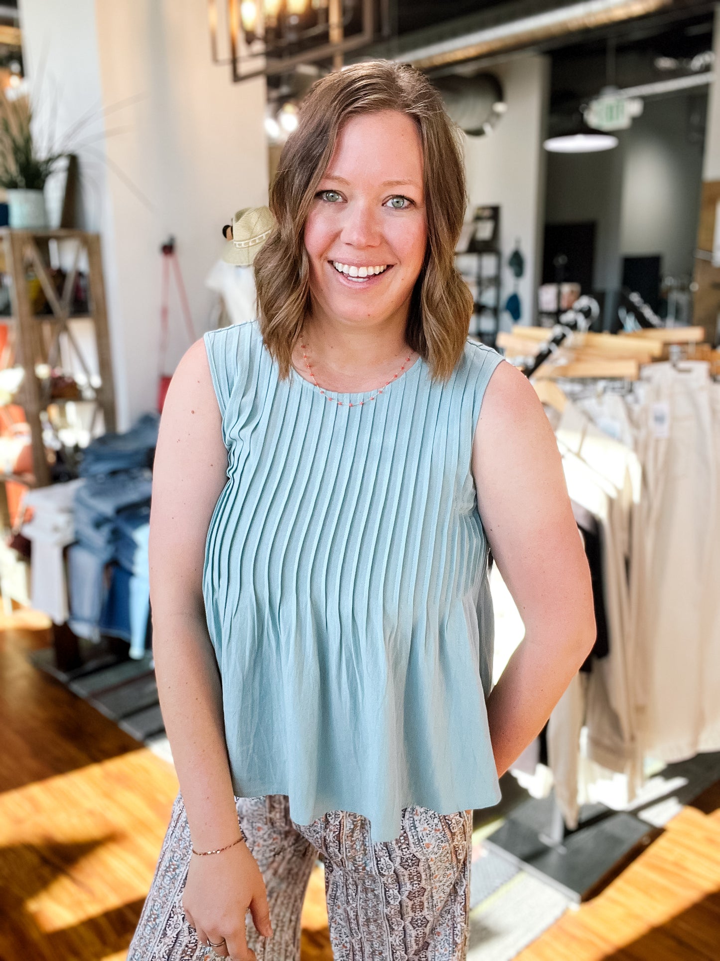 Dusty Blue Pleated Babydoll Tank