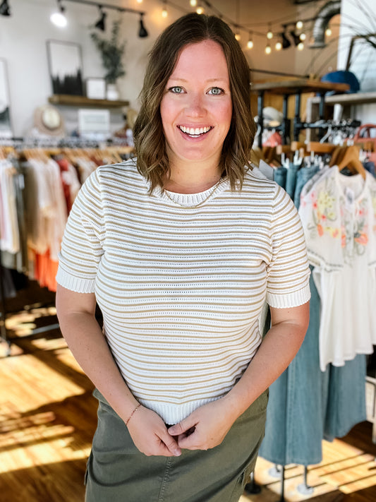 Cream & Taupe Stripe Short Sleeve Sweater