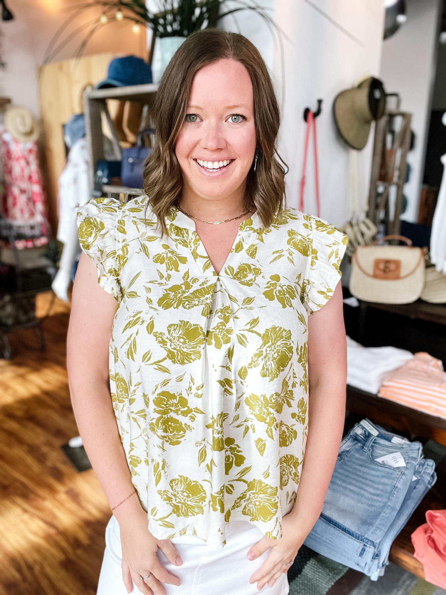 Golden Floral Ruffle Sleeve Top