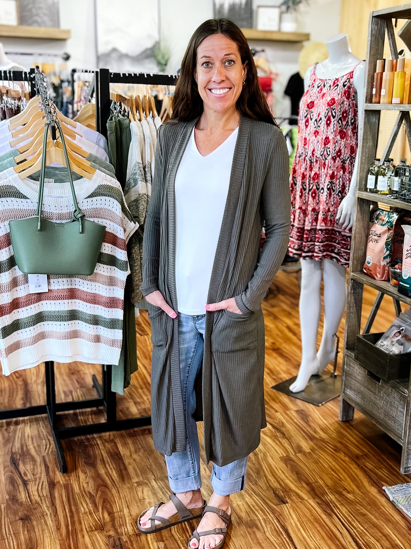 Olive Midi Ribbed Cardigan