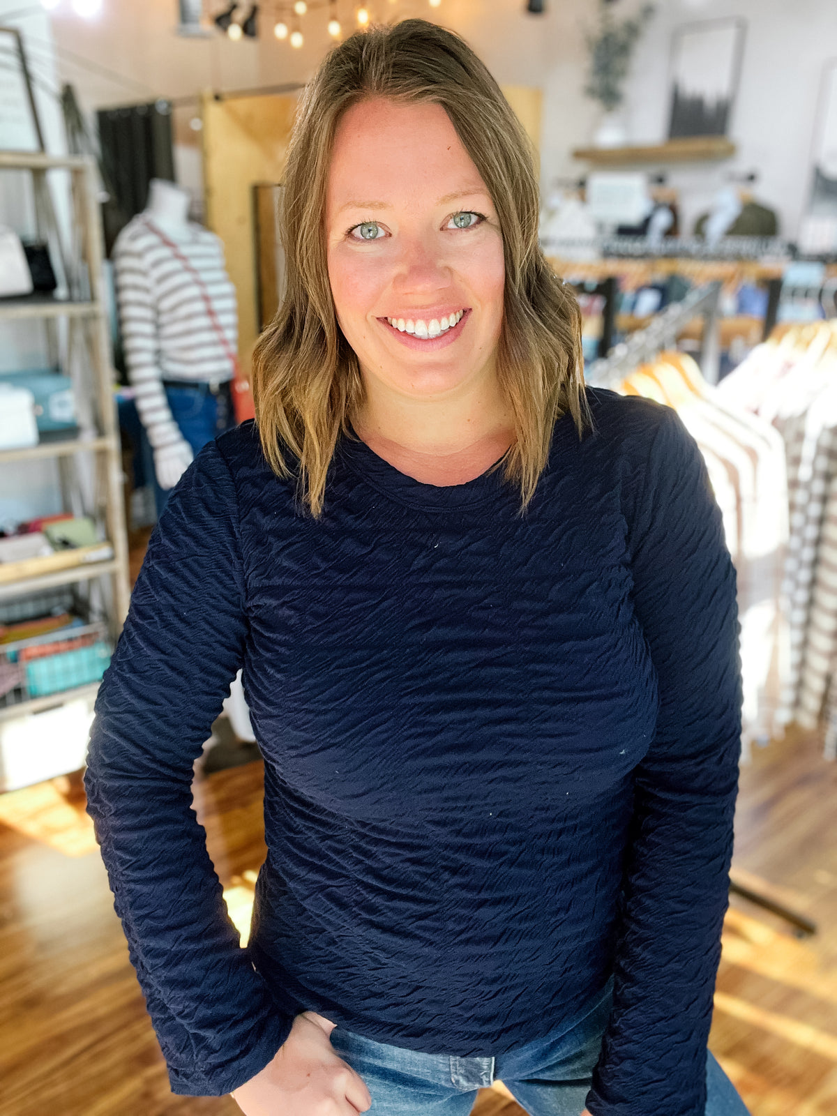 Navy Textured Long Sleeve Top