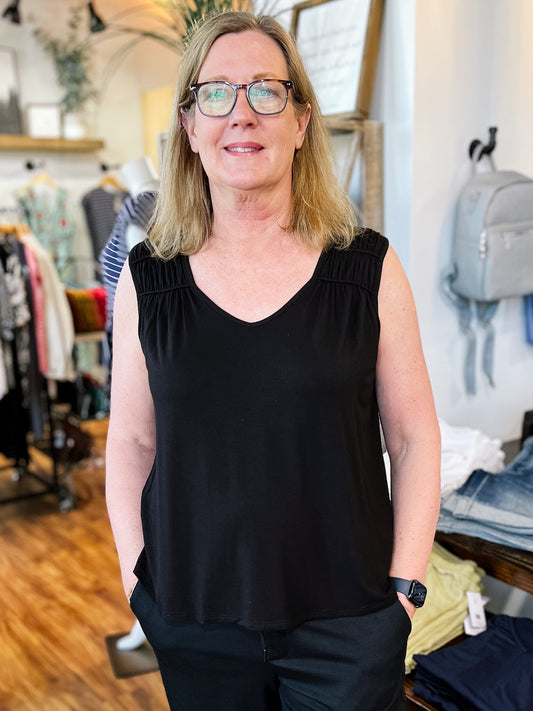 Black Sleeveless Shirred Tank