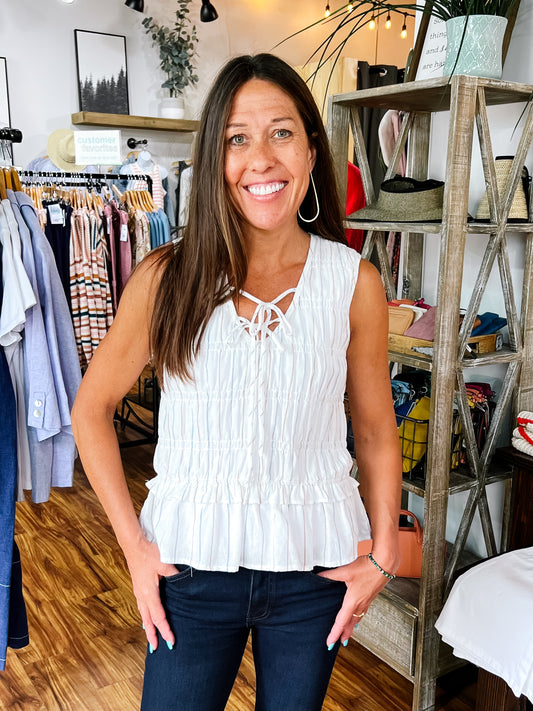 White Sleeveless Tie Front Top