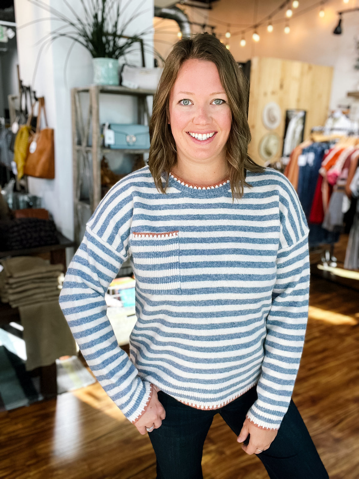 Cream And Slate Blue Striped Sweater With Rust Stitching Pocket