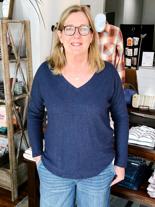 Navy V Neck Long Sleeve Top