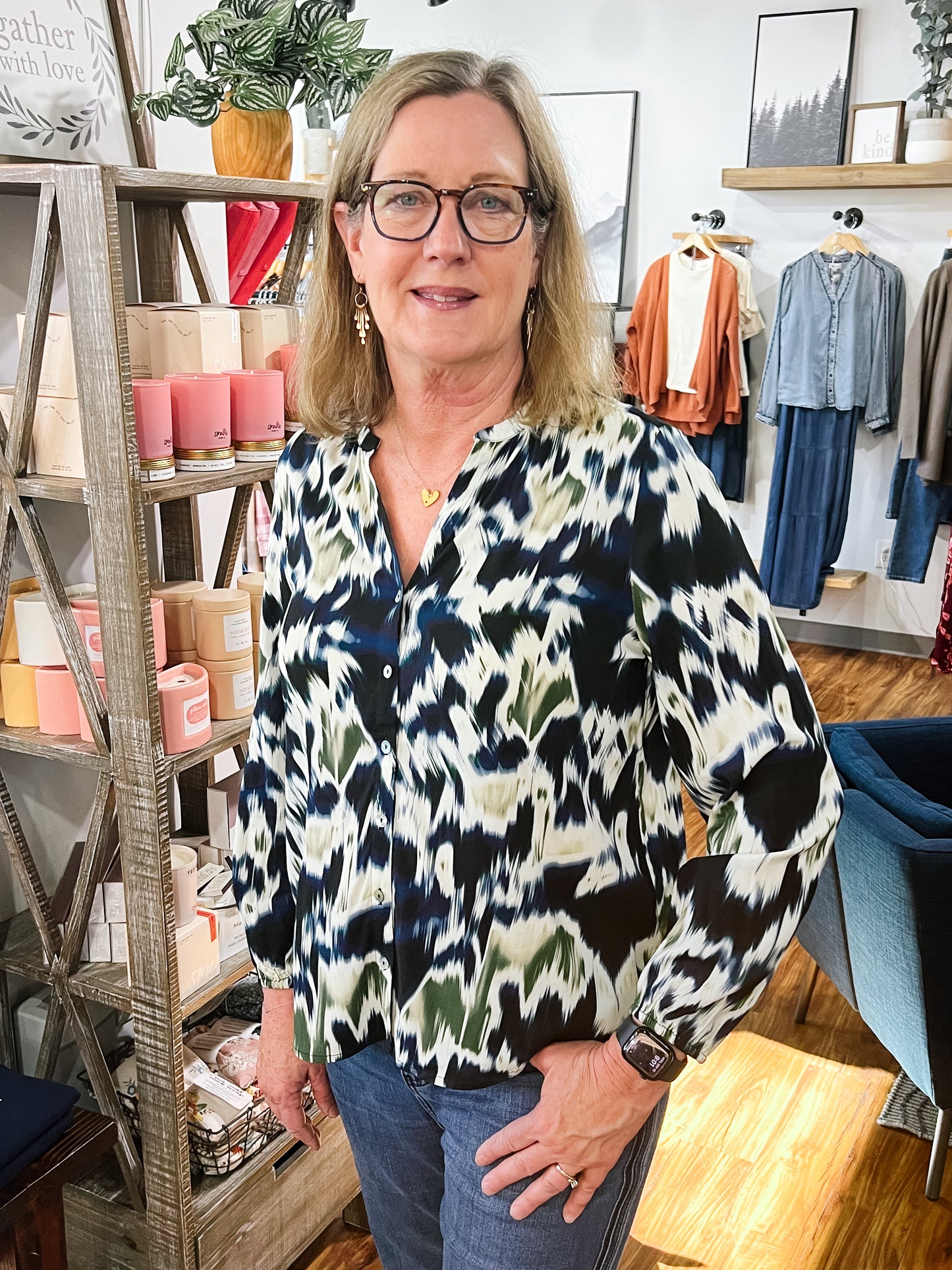 Navy & Green Patterned Blouse