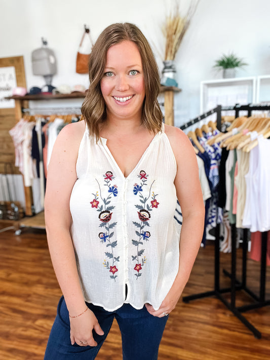 Ivory Button Front Embroidered Tank Top