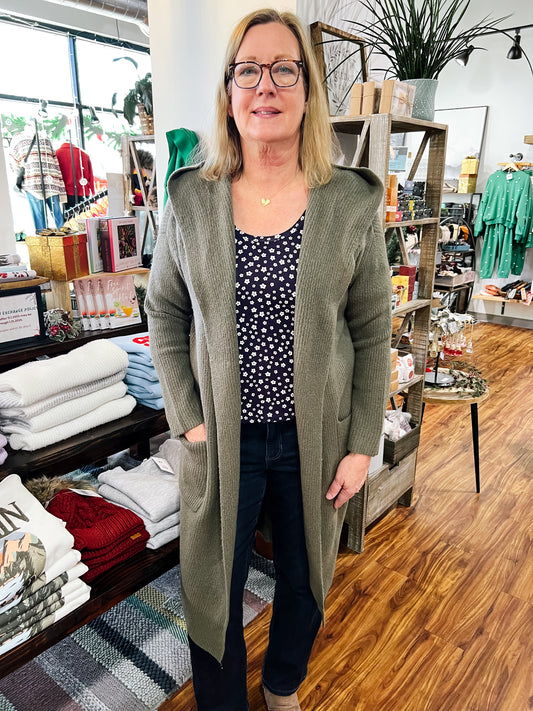 Olive Hooded Open Coatigan