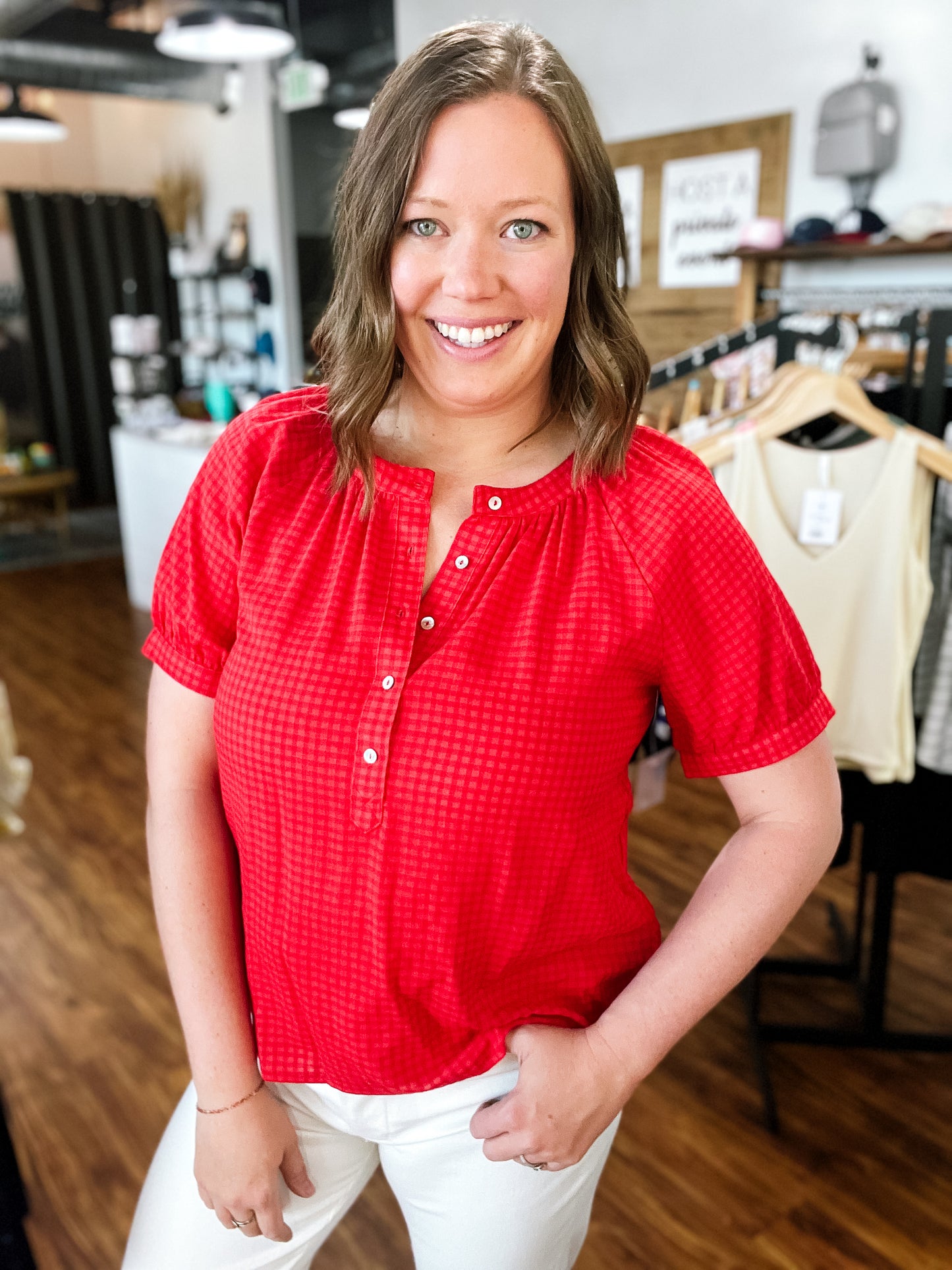 Red Checker Button Front Top