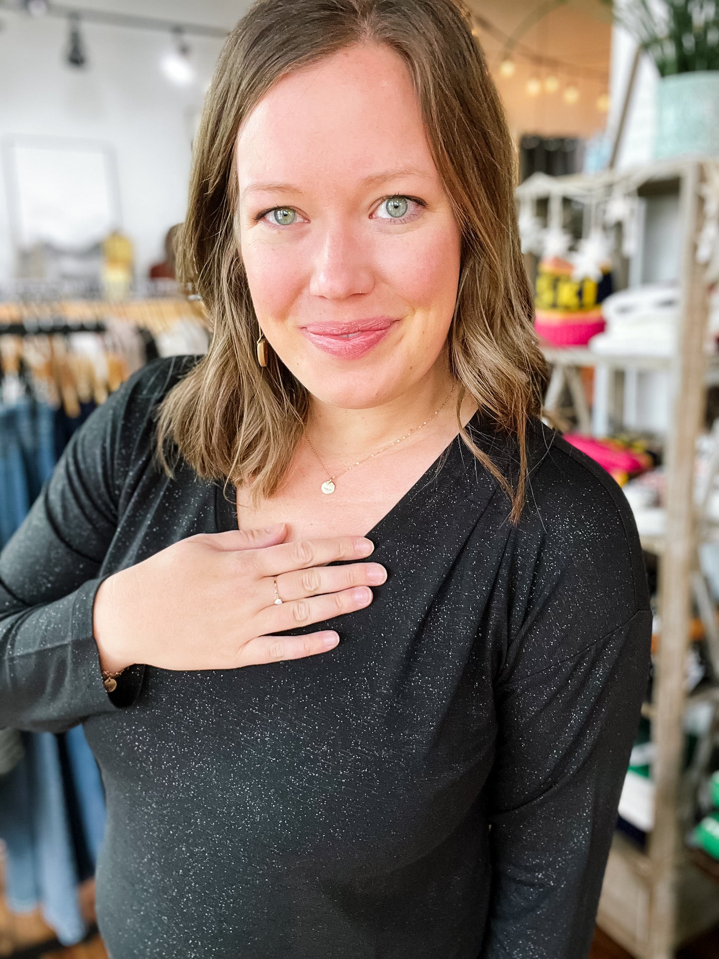 Black Sparkle V-neck Top