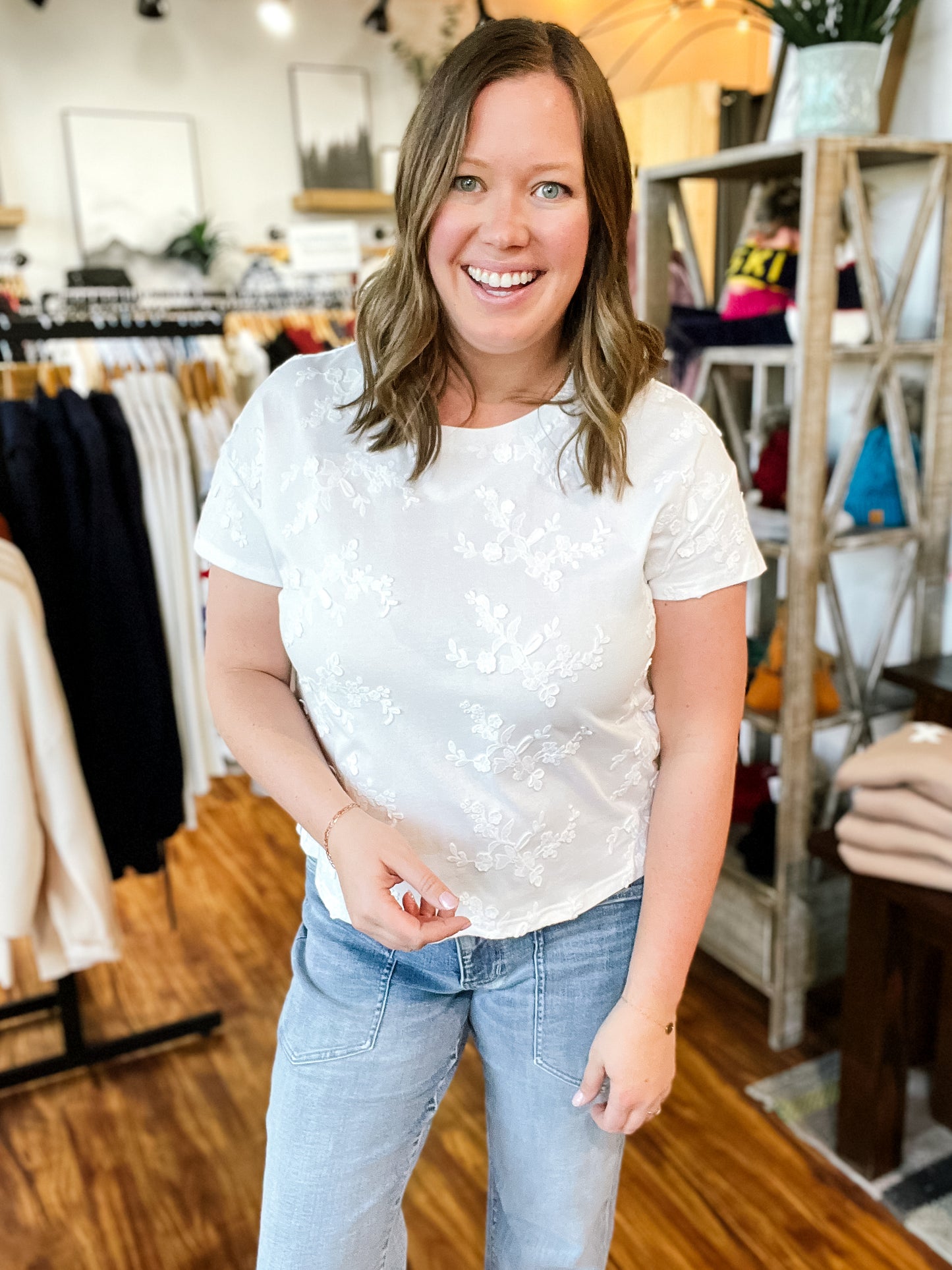 White W/Floral Embellishments Top