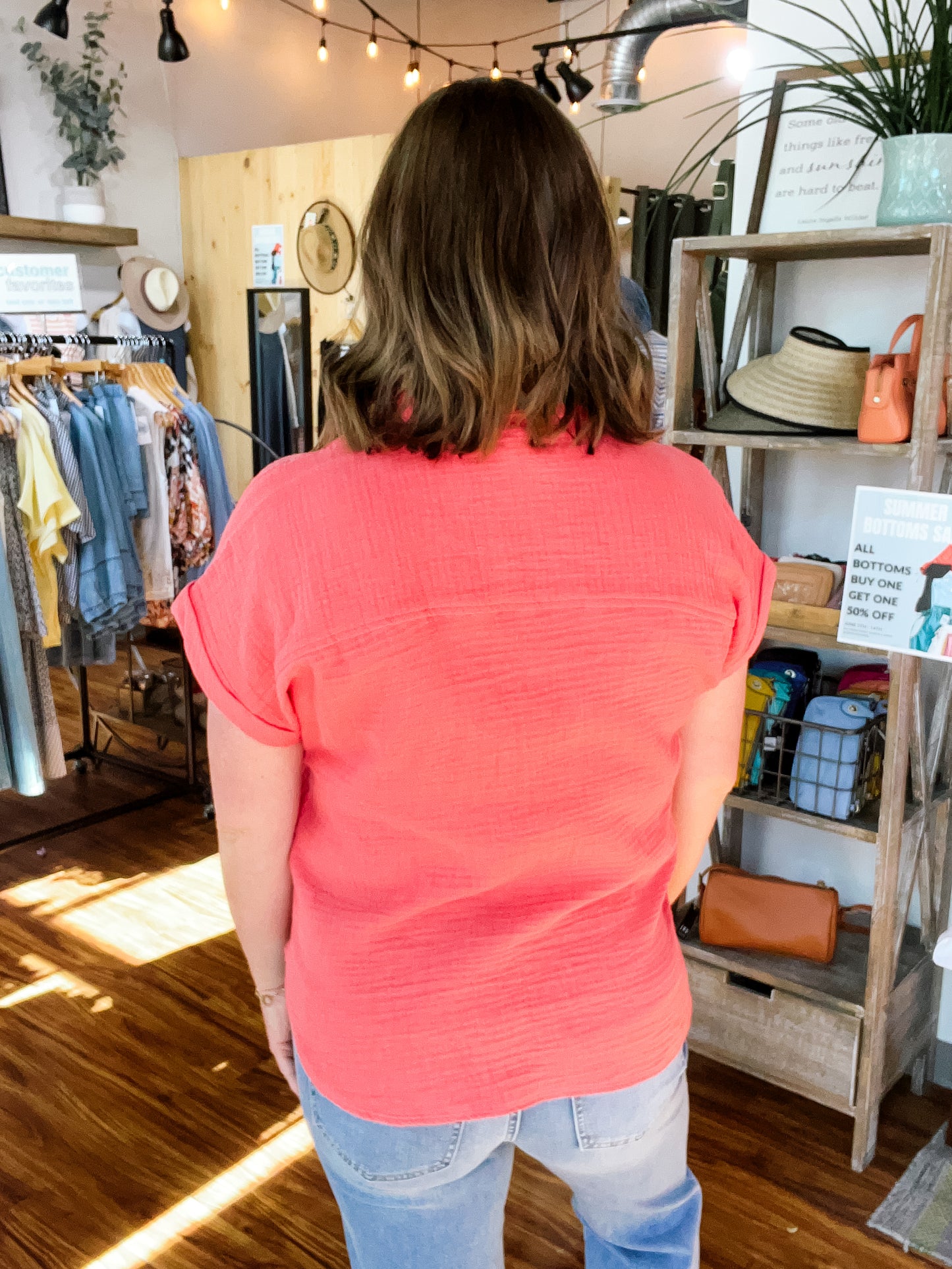 Coral Gauze Button Front Top
