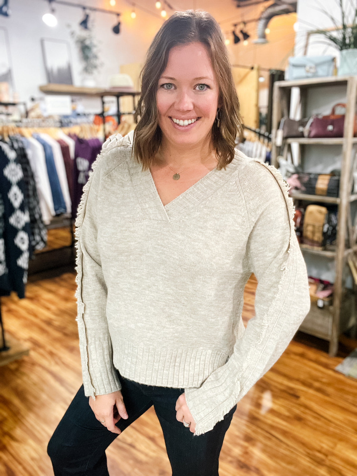 Camel V Neck Sweater W/ Fringe