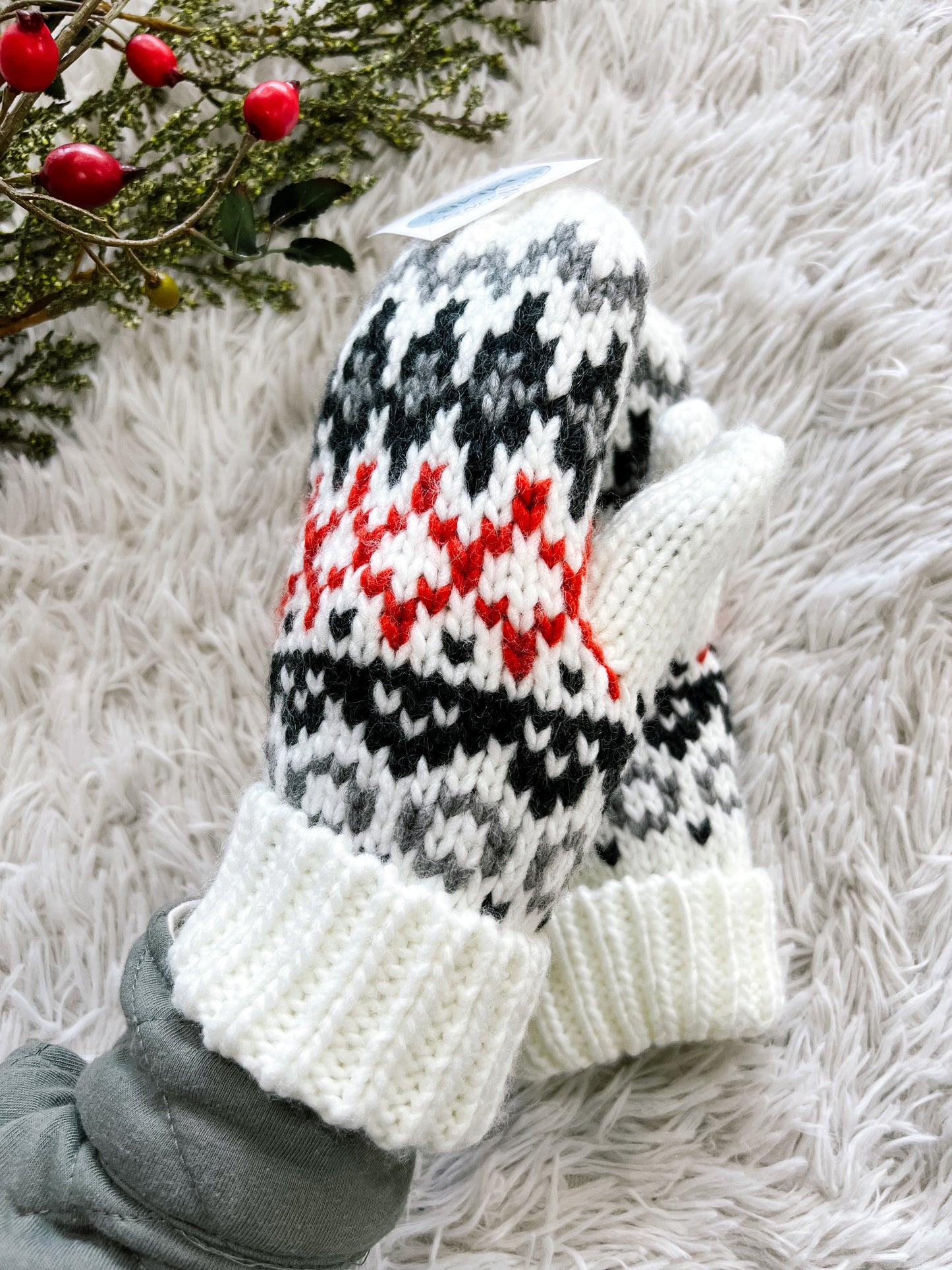 Ivory, Red & Gray Patterned Mittens