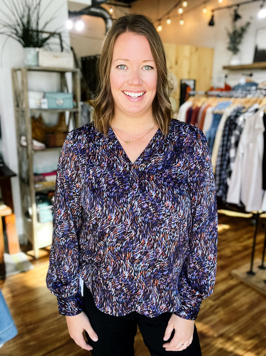 Navy Colorful Print Long Sleeve Top