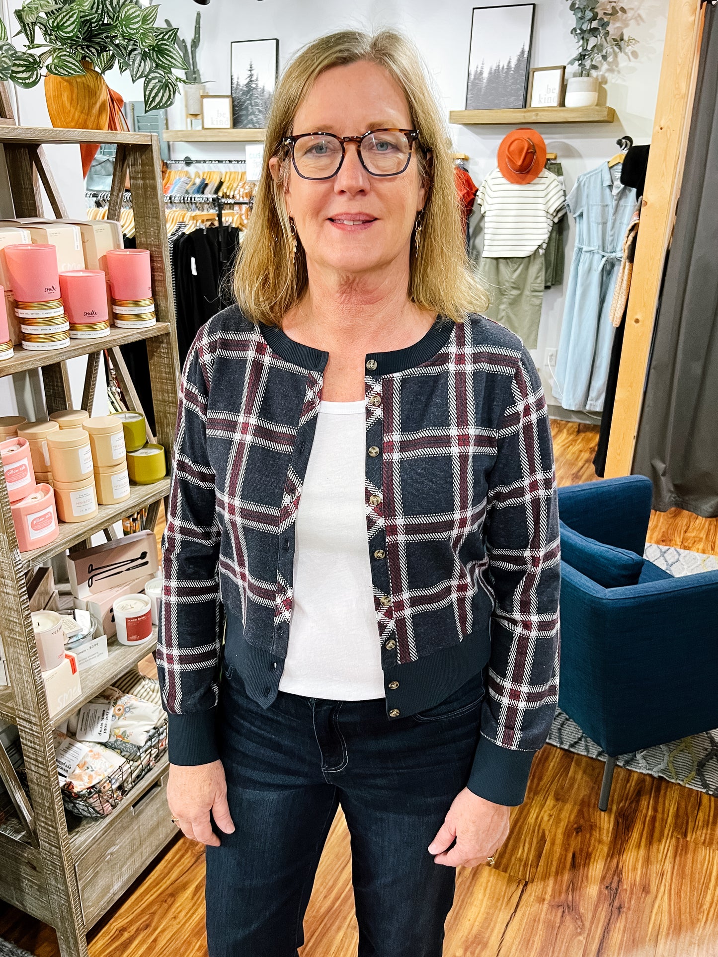 Navy & Red Plaid Cardigan