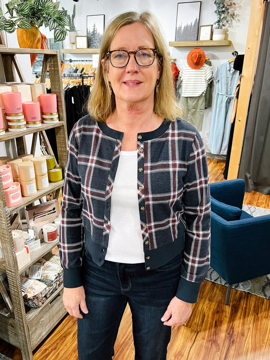 Navy & Red Plaid Cardigan