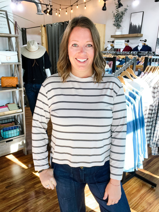 Cream W/Black Stripe Long Sleeve Top