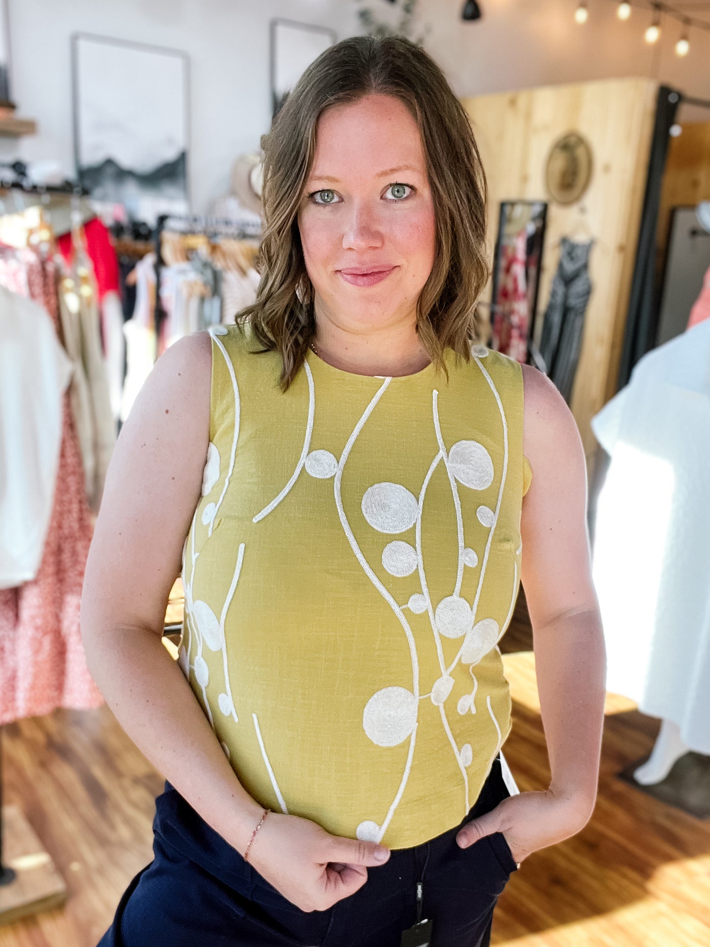 Yellow W/ Cream Embroidery Tank Top
