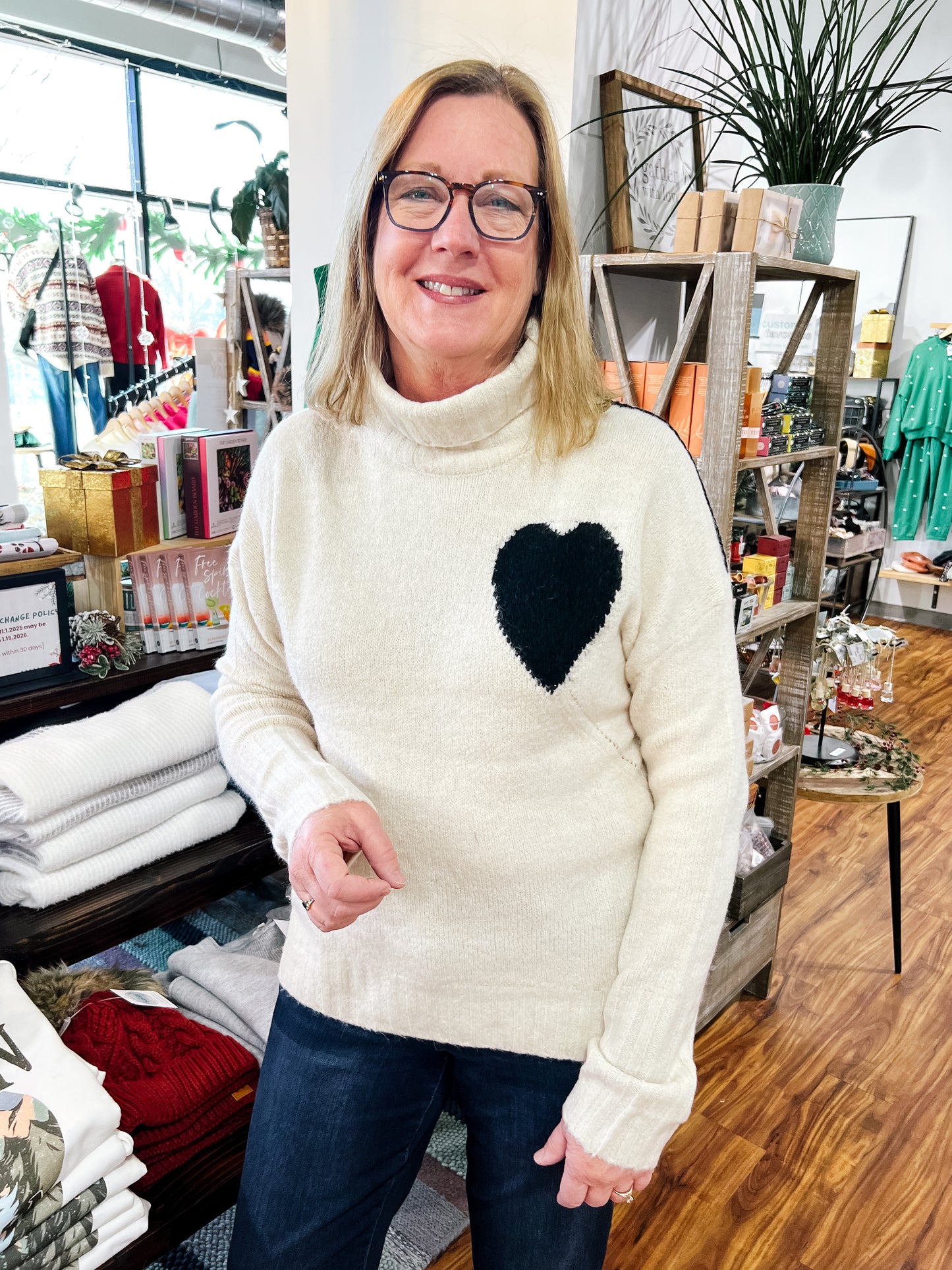 Cream W/Black Heart Sweater