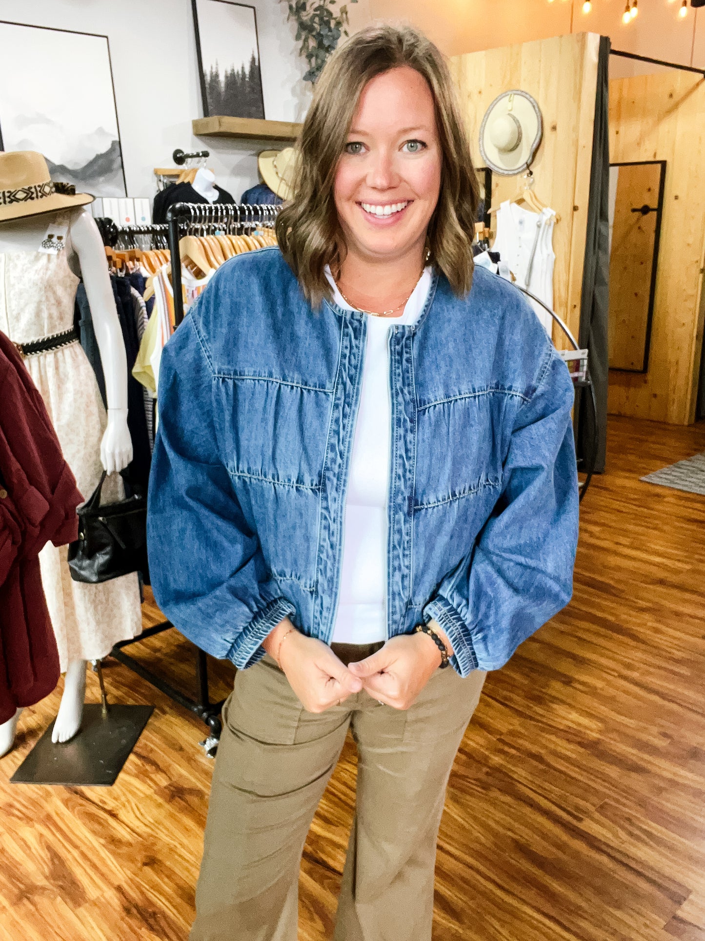 Denim Medium Wash Bomber Jacket