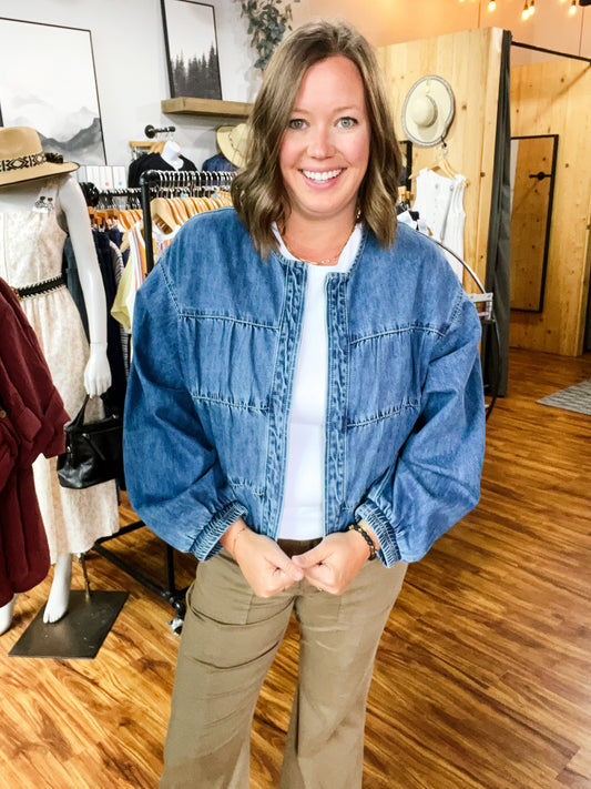 Denim Medium Wash Bomber Jacket
