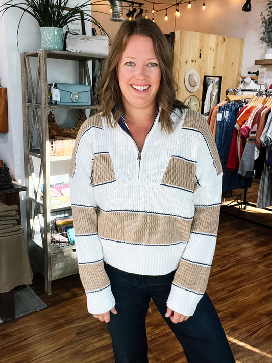 Off White Beige Stripe Half Zip Sweater
