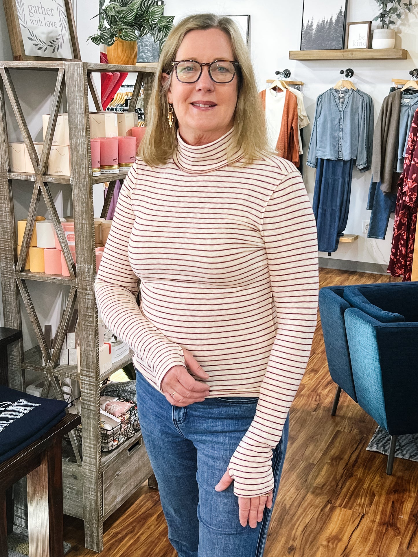 Ivory & Burgundy Stripe Thumb Hole Top