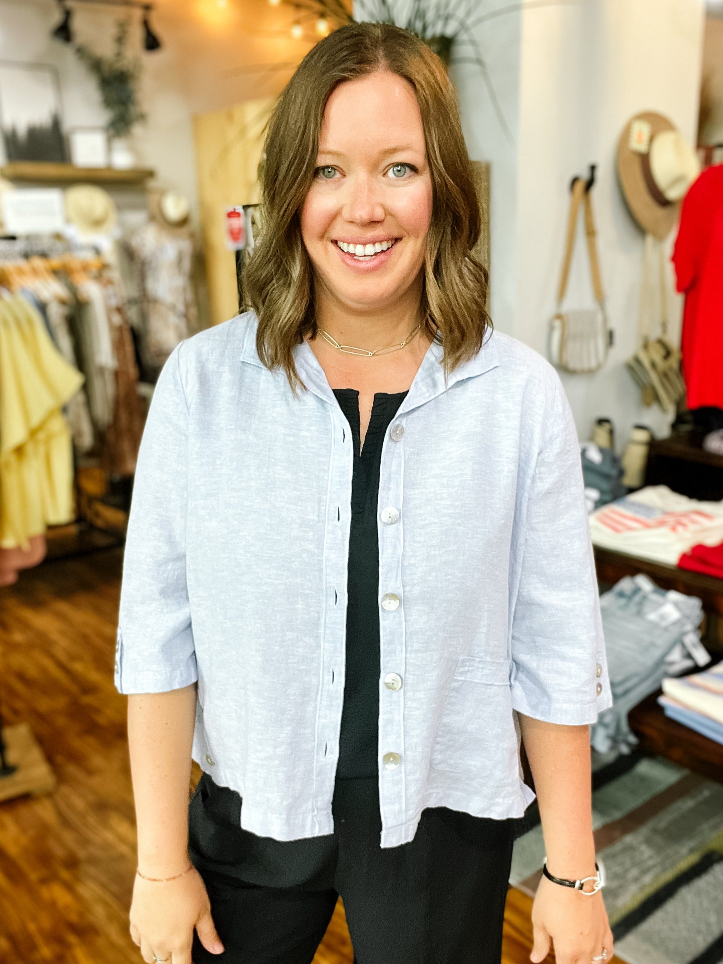 Light Blue Linen Button Front Shirt
