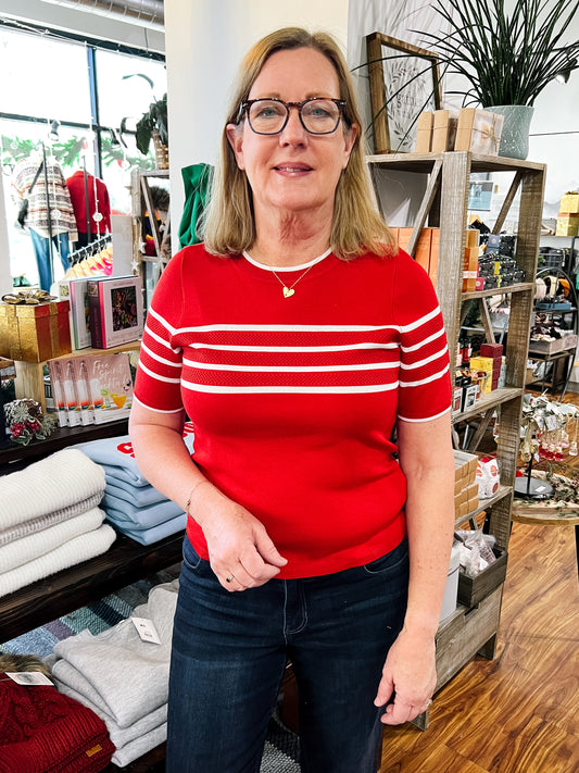 Red W/White Stripe Short Sleeve Sweater